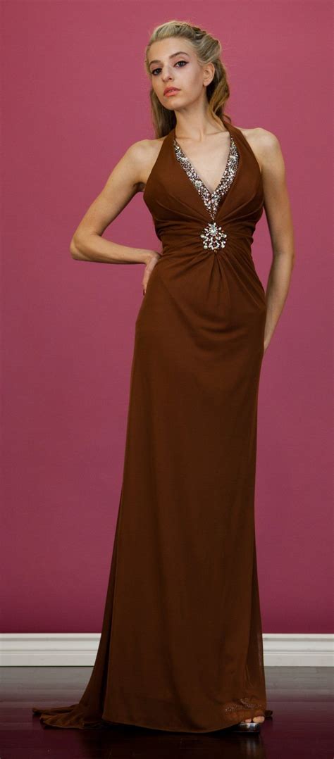 size brown formal dress halter rhinestone beading full length long  neck  size