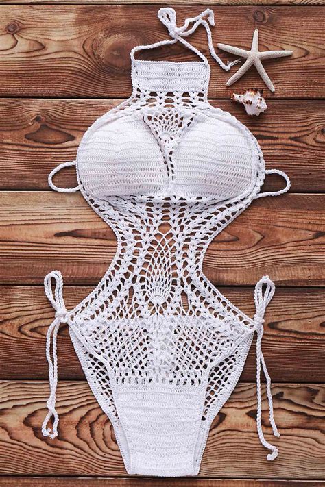 2018 sexy halter high neck crochet monokini one piece swimsuit in white