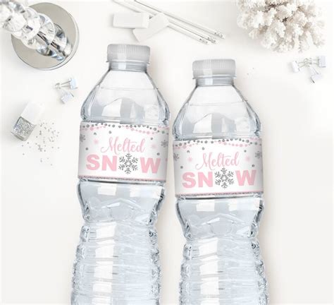 melted snow water bottle labels pink  silver glitter etsy canada
