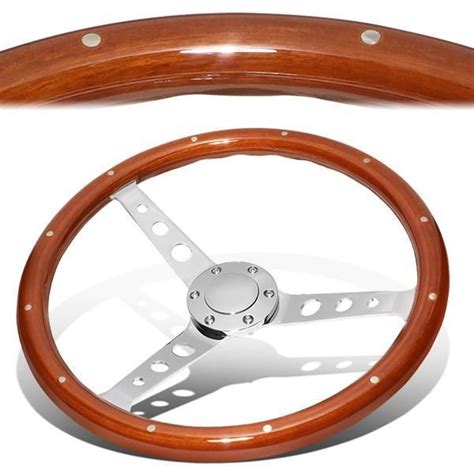 vintage style riveted wood grain steering wheel stainless steel spokes wood grain
