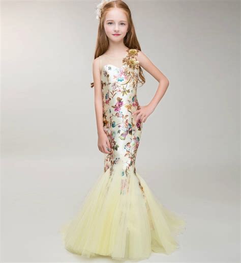 mermaid dress light yellow sequin flower applique sheer neckline pageant prom princess juni