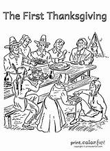 Thanksgiving Coloring Pages First Color Pilgrims Drawing Feast Adults Native Printable Americans Dinner Print Adult Printables Book Kids Sheets Cartoon sketch template
