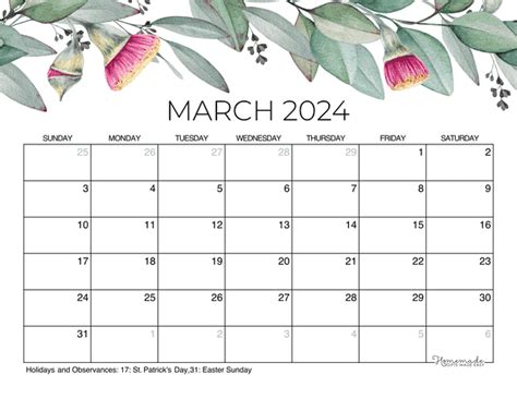 march  calendar  printable  holidays