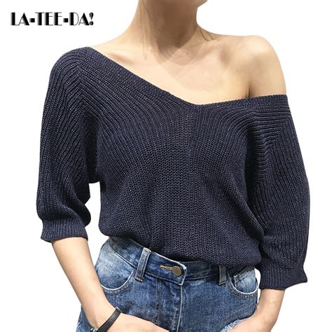 ltd137001 new pullover brilliance sweater women knitted streetwear lady shine sex v neck off the