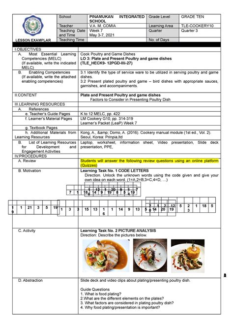 lesson plan food plating school pinamukan integrated school grade level grade ten