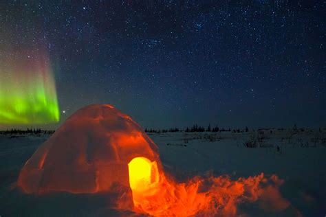 aurora borealis shines   illuminated igloo  churchill canadadavid marx px