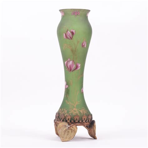 English Art Nouveau Glass Vase With Metal Legs Antique Weapons