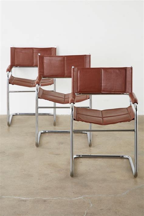 Set Of Six Midcentury Style Italian Chrome Leather Cantilever Chairs At