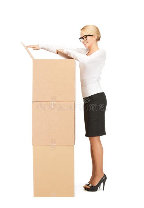 attractive businesswoman with big boxes stock image image of