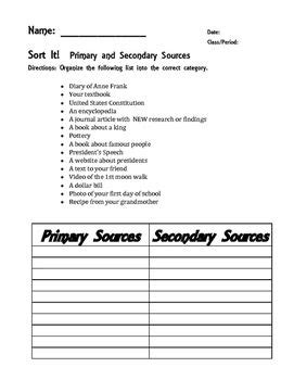 primary  secondary sources worksheet