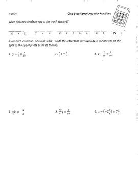 solving  step equations  fractions joke worksheet  answer key