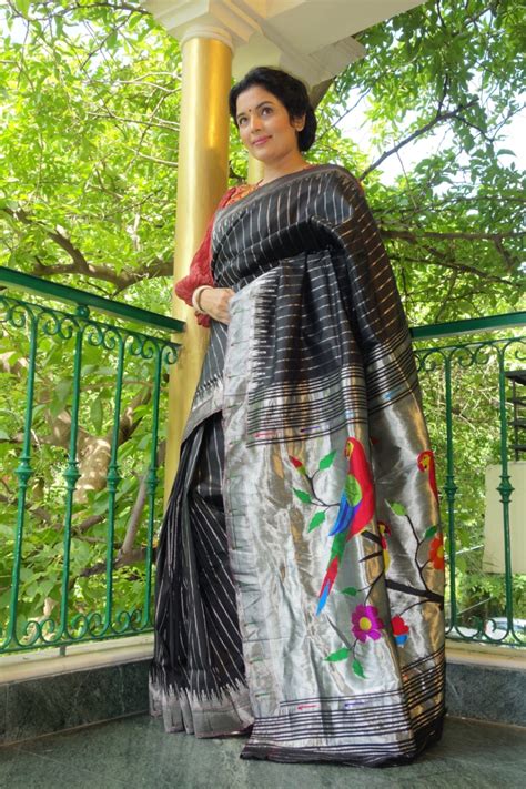 sohum sutras black silk paithani saree   silver zari