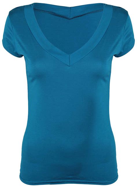 ladies short cap sleeve plain top womens new stretch fitted v neck