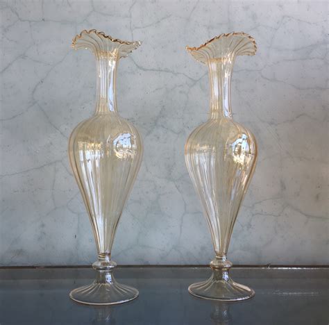 Elegant Pair Of Tall Clear Glass Vases Prob Italian Circa 1900