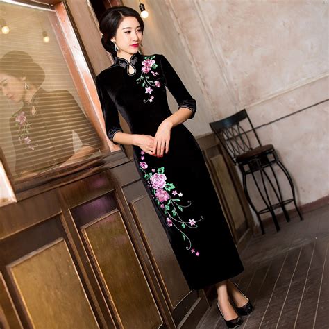 Black Sexy Split Slim Dress Chinese Style Velvet Long Women Cheongsam