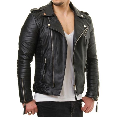 Men Motorcycle Genuine Lambskin Leather Jacket Black Slim