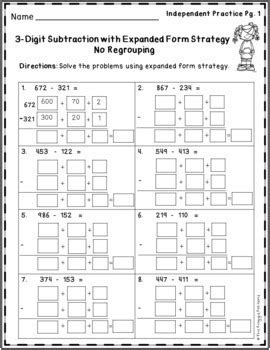 subtraction strategies worksheets  digit expanded form   froggy
