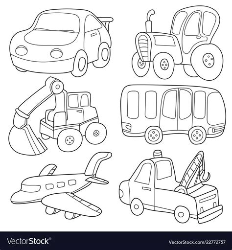 cartoon transport coloring book  set  cute collection isolated