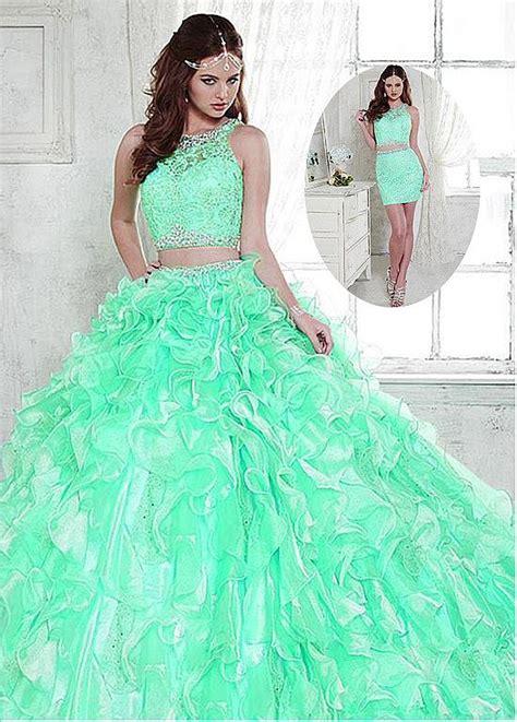 mint green 2017 gorgeous two piece 2 in 1 ball gown quinceanera dresses with detachable skirt