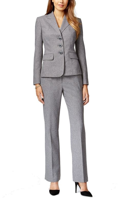 le suit  gray womens size p petite  button pant suit set
