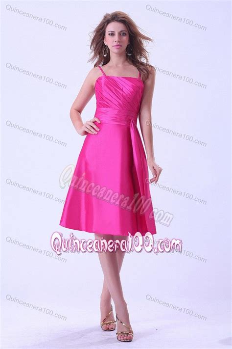 Hot Pink Knee Length Quinceanera Dama Dress With A Sash
