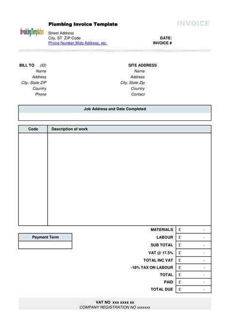 plumbing invoice format templates  allbusinesstemplatescom