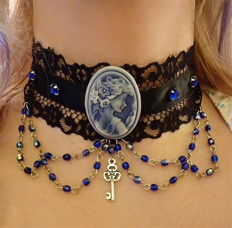 gothic choker  blue accents  lace choker beadwork jewelry