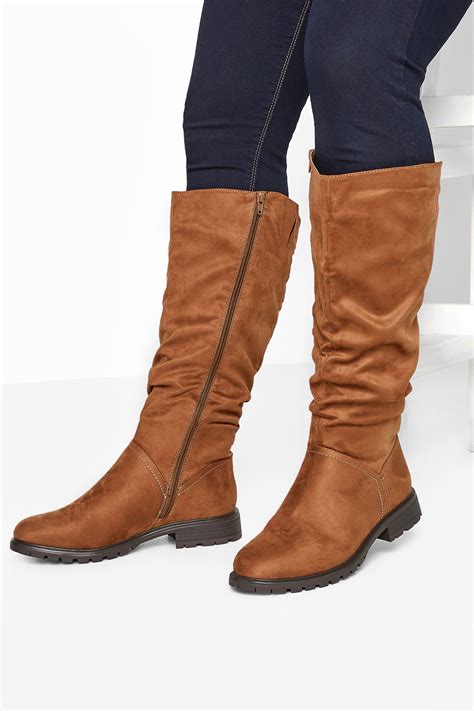 tan suedette ruched knee high boots  extra wide fit  clothing