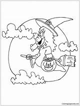 Witch Broom Flying Pages Moon Coloring Color Halloween Kids sketch template