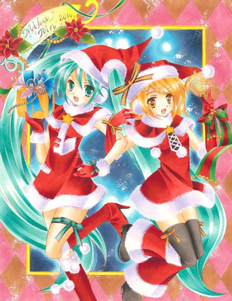 chinako christmas hatsune miku kagamine rin santa costume thighhighs vocaloid miku vocaloid