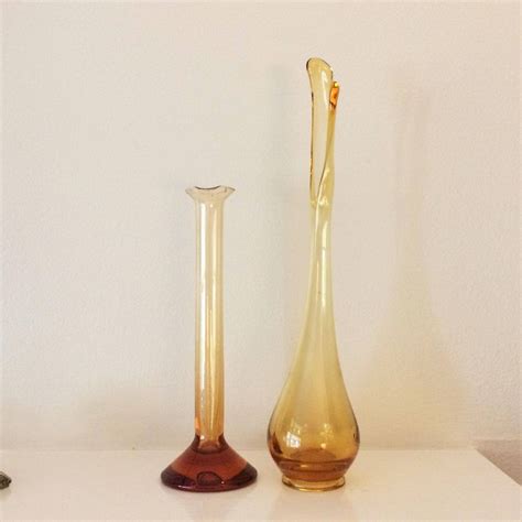 Vintage Yellow Amber Glass Bud Vases Set Of 2 Glass Swung Etsy Bud