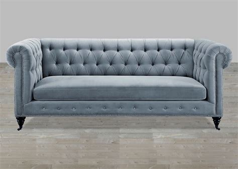 grey velvet sofa button tufted