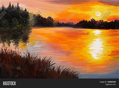 oil painting lake   forest sunset abstract painting art work  performed   style