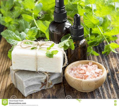 natural mint spa  handmade soap mint oil  leaves stock photo