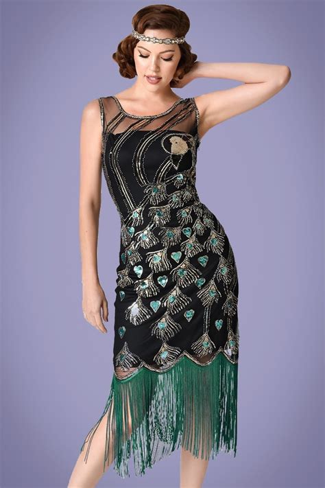 20s antoinette beaded peacock flapper dress in black and green