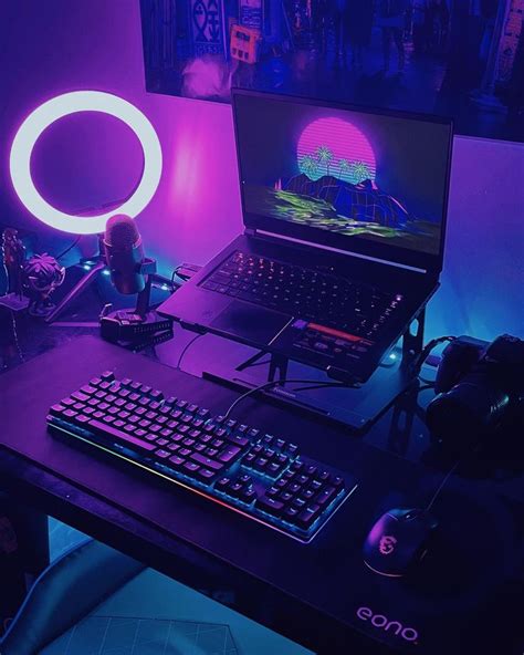 gaming laptop desk setup   purple  cysnc colour scheme bedroom