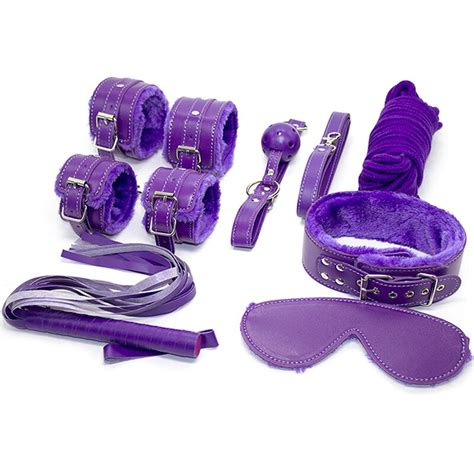 purple plush leather 7pcs set bdsm couple sex product set in bondage