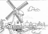 Landscape Dutch Mill Drawn Hand Adult Coloring Illustration Preview sketch template