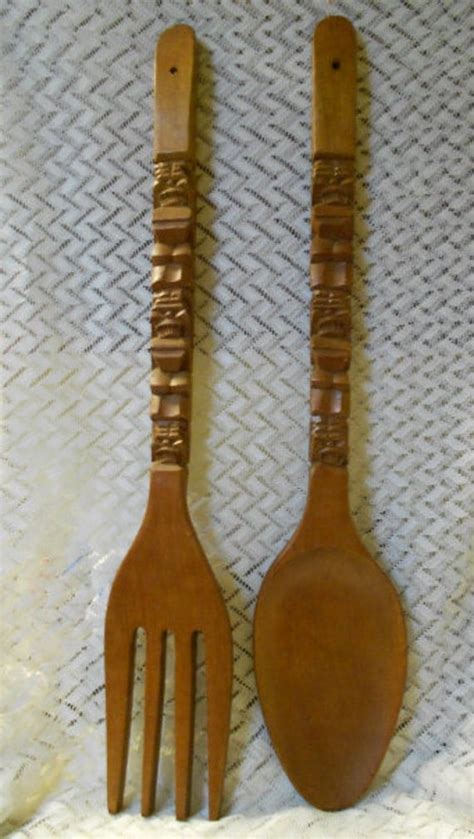 vintage large wooden carved fork and spoon wall hanging set