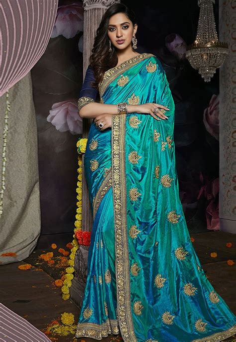 turquoise blue silk embroidered saree  blouse  bollywood