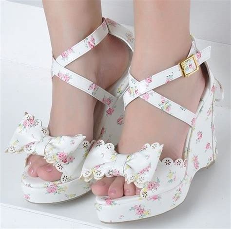 floral white girly wedges with bows things that make me go yay d kawaii shoes cute