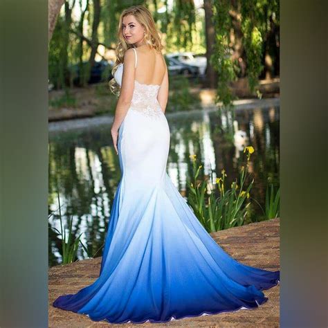 white and blue ombre soft mermaid prom dress with a sheer lace back