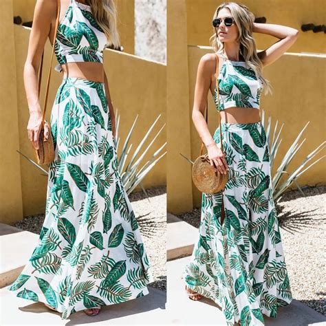 fashion 2 piece summer women short top long bohemian dress set crop