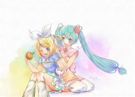 Hatsune Miku And Kagamine Rin Vocaloid Drawn By
