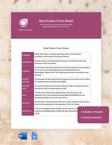 commercial real estate term sheet template