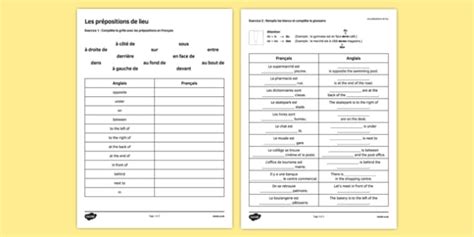 place prepositions worksheet french grammar exercises