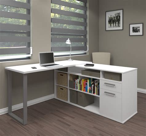 integrated modern white  shaped desk  gray accent leg