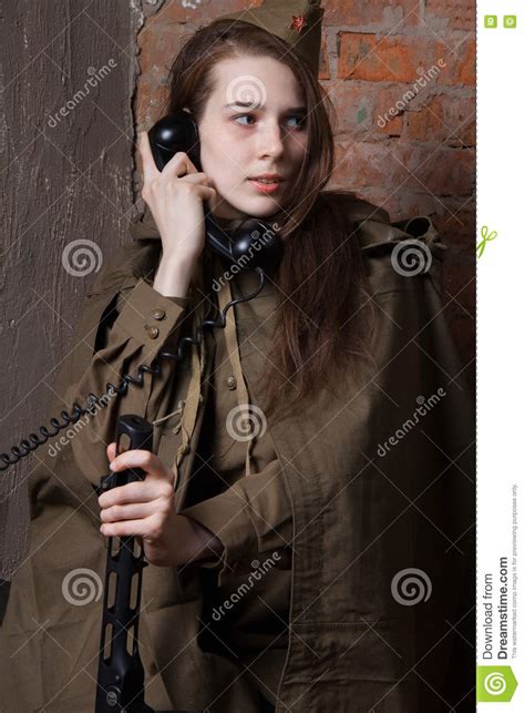 Woman In Russian Military Uniform Speaks On Phone Female Soldier