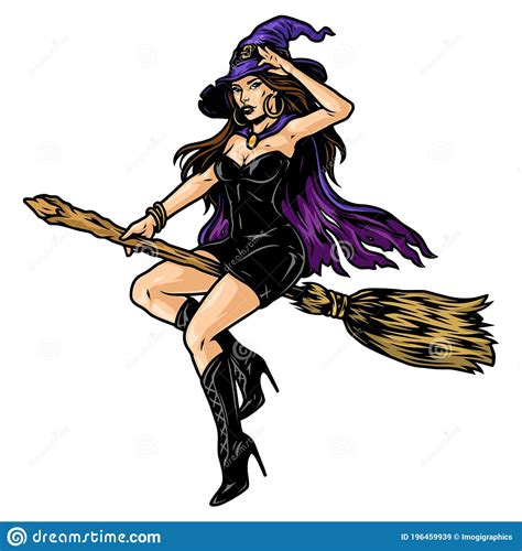 Beautiful Witch Sitting On Broom Cartoon Vector