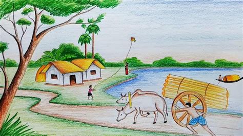village scenery drawing  pencil colour easy magiadeverao